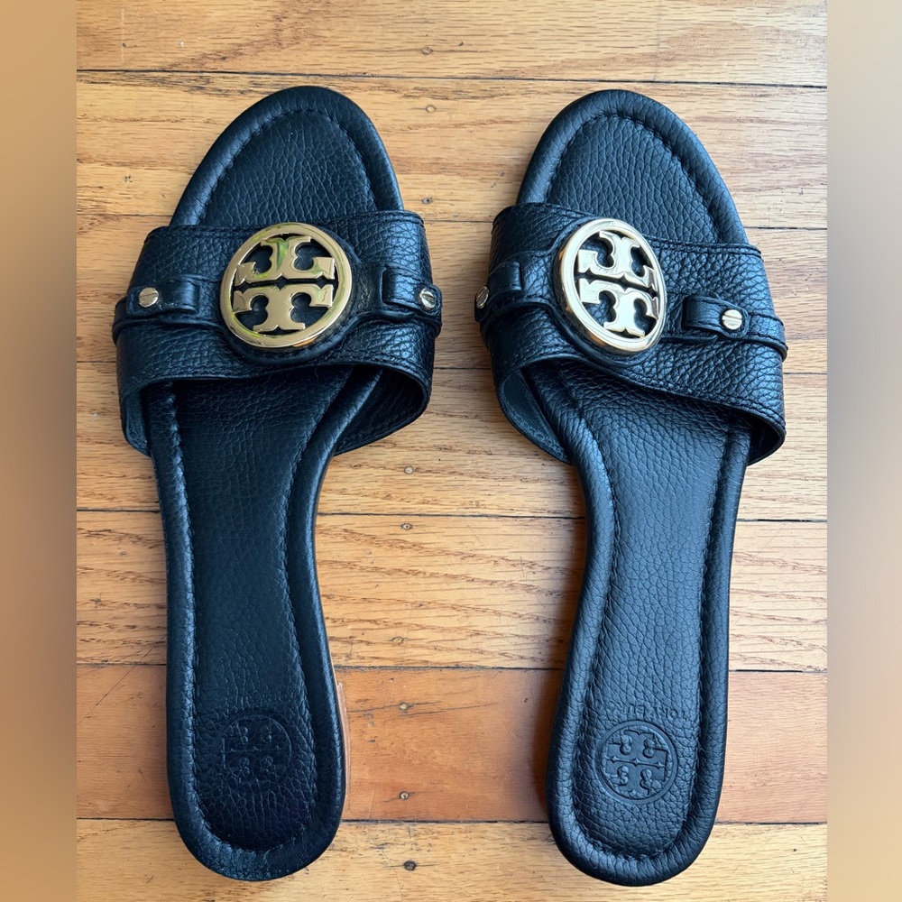 Tory Burch Leticia Black Leather Slide Sandals - Picture 2 of 11